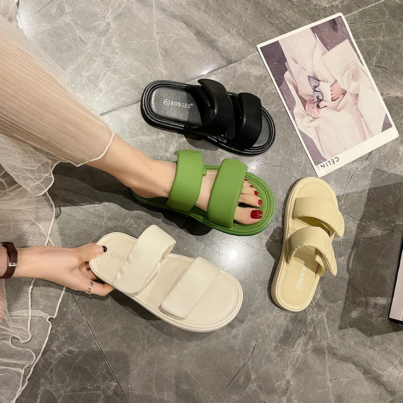 

Сланцы женские на платформе, пляжные шлепанцы, роскошные дизайнерские, резина, плоская подошва, римские ботинки, лето 2023