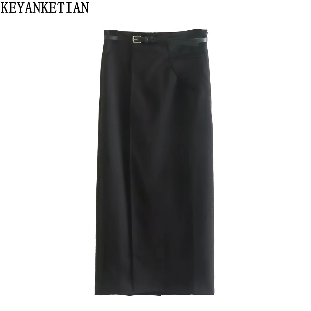 

KEYANKETIAN spring new women's dress with belt black high-waisted half skirt commuter wind slit design satin A-line MIDI skirt