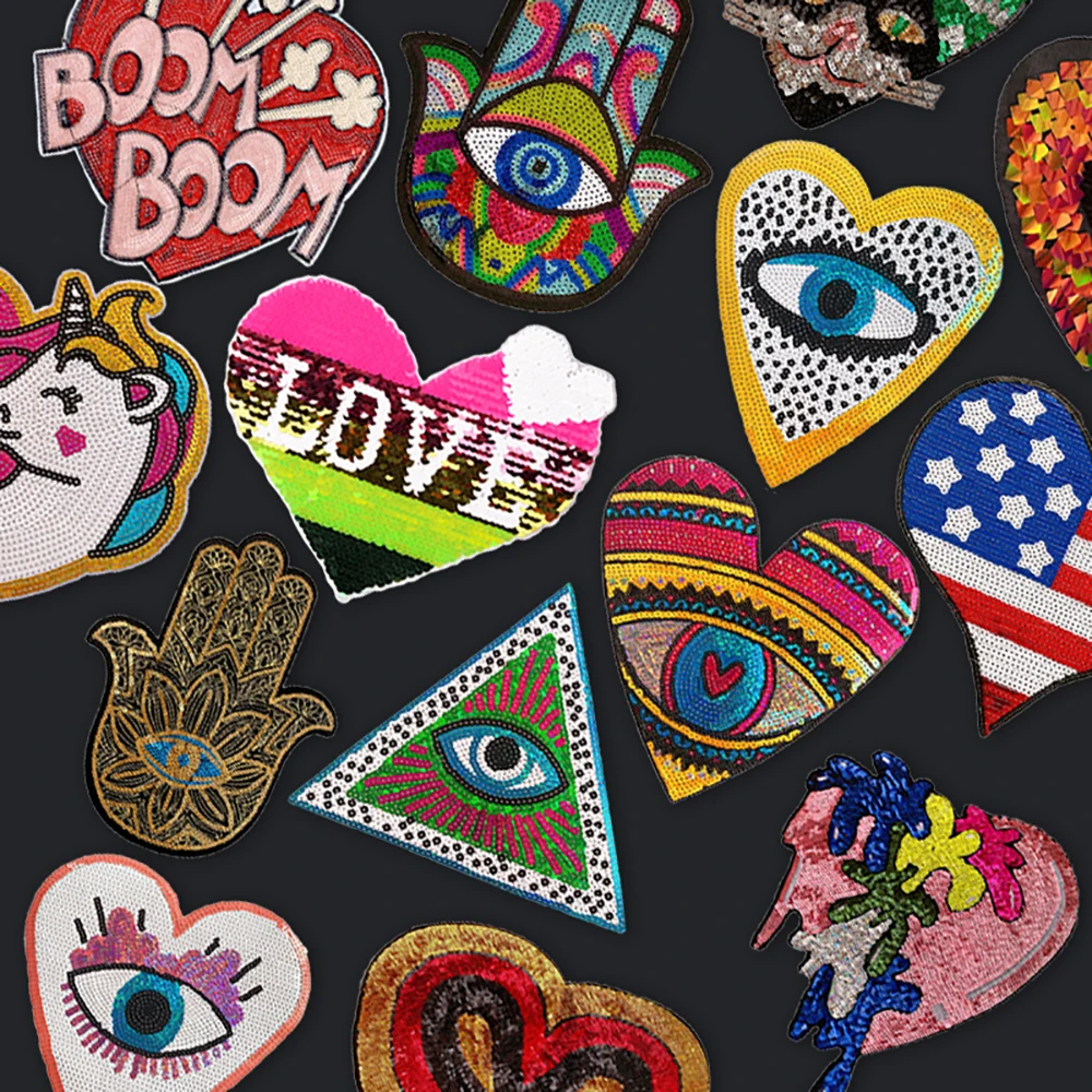 Large Devil Eyes Sequin Patch Heart Cat Hand Eye Embroidery Iron-on Patches for Clothing Cute Unicorn Decor Sticker on Jacket