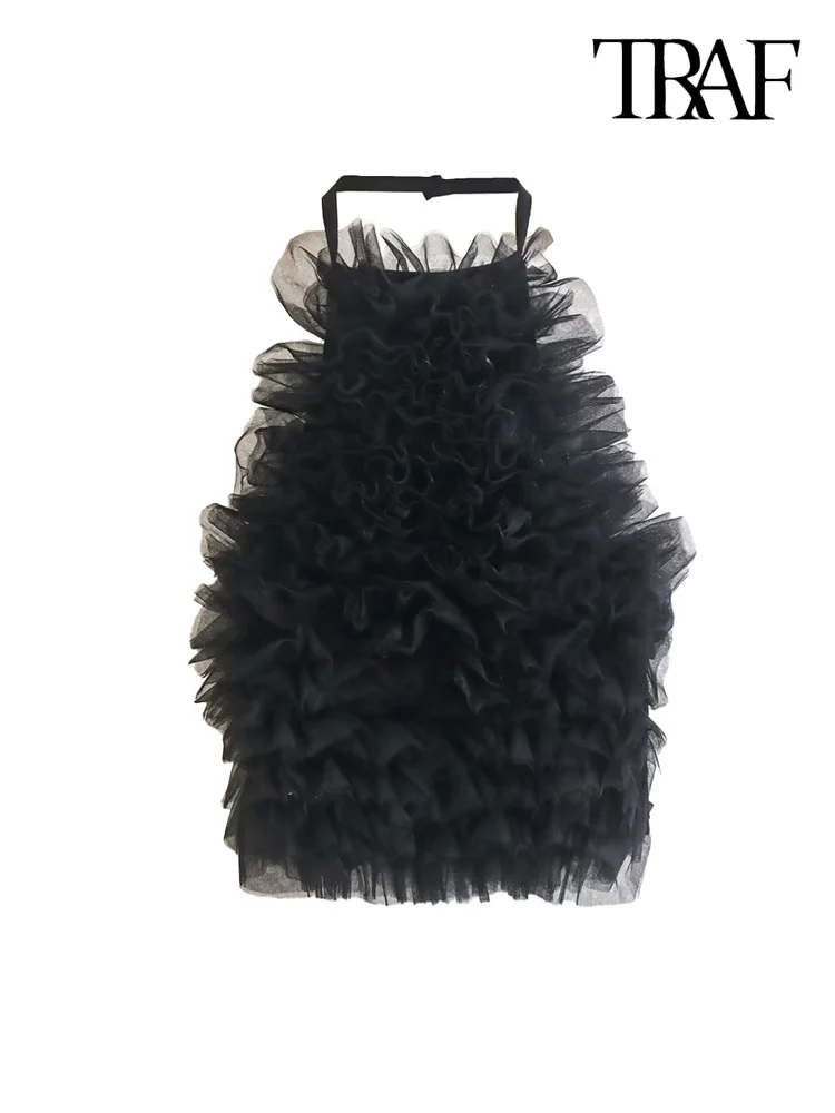 

Сексуальная модная женская укороченная Трикотажная майка из тюля TRAF с лямкой на шее винтажная Женская майка без рукавов с открытой спиной