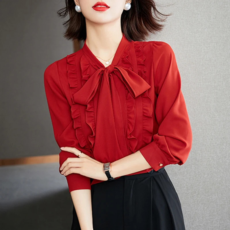 

2022 New Fashion Blousa Women's Clothing Tops Spring Autumn Blouse Feminine Long Sleeve Red Chiffon Shirts D1695