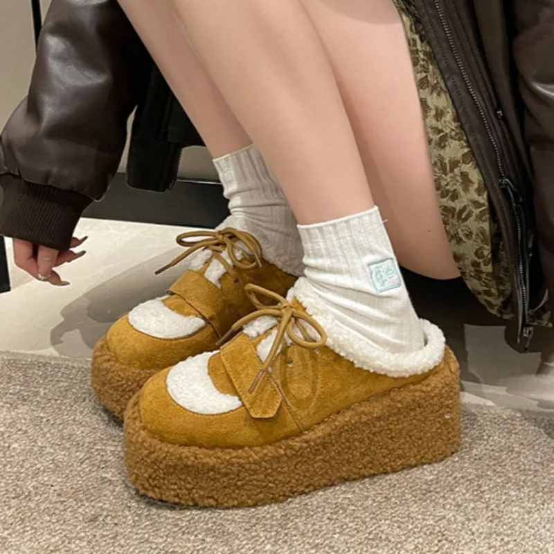 Женские замшевые тапочки на меху платформе теплая плюшевая хлопковая обувь