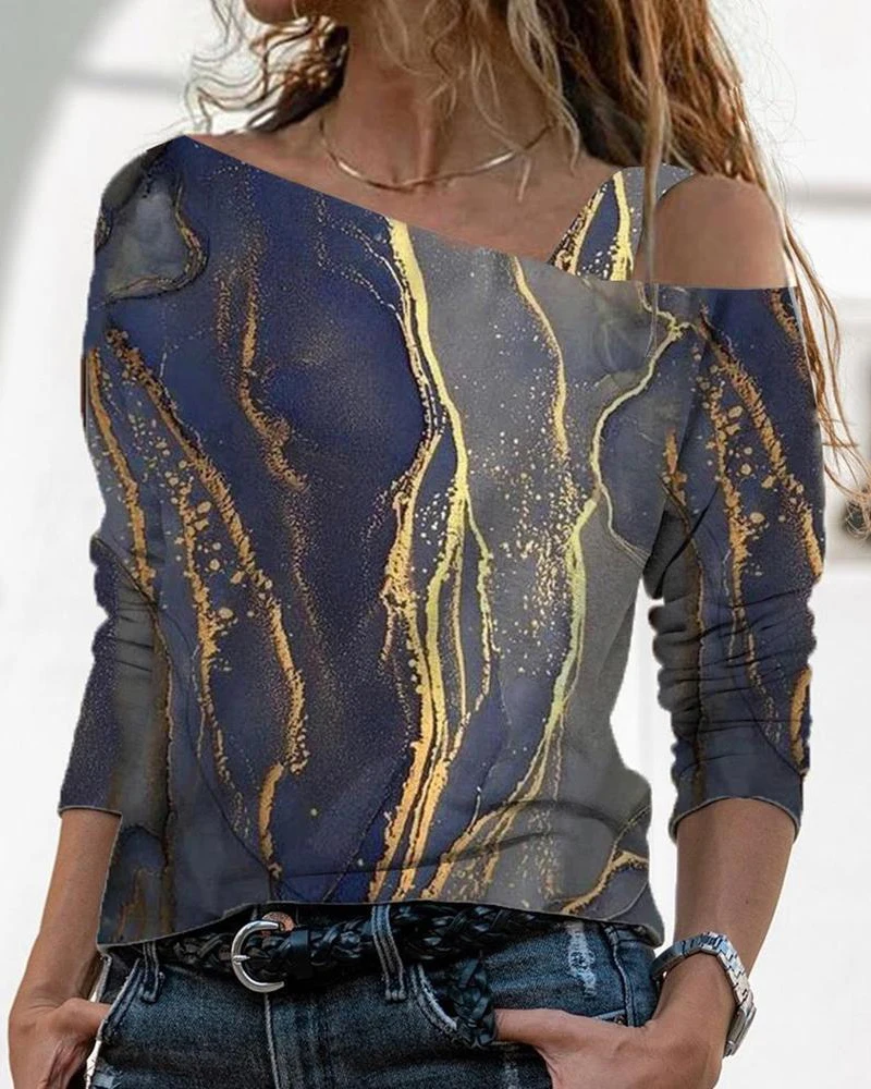 

2022 Autumn Winter Women Marble Print Cold Shoulder Top Casual One Shoulder Long Sleeve Pullover T-Shirts Womens Clothes Female