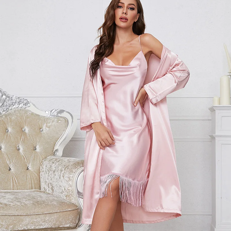 

Pink Tassels Twinset Robe Set New Summer Femlae Sleepwear Nightgown Sexy Silk Rayon Bathrobe Gown Suspender Nightdress Home Wear