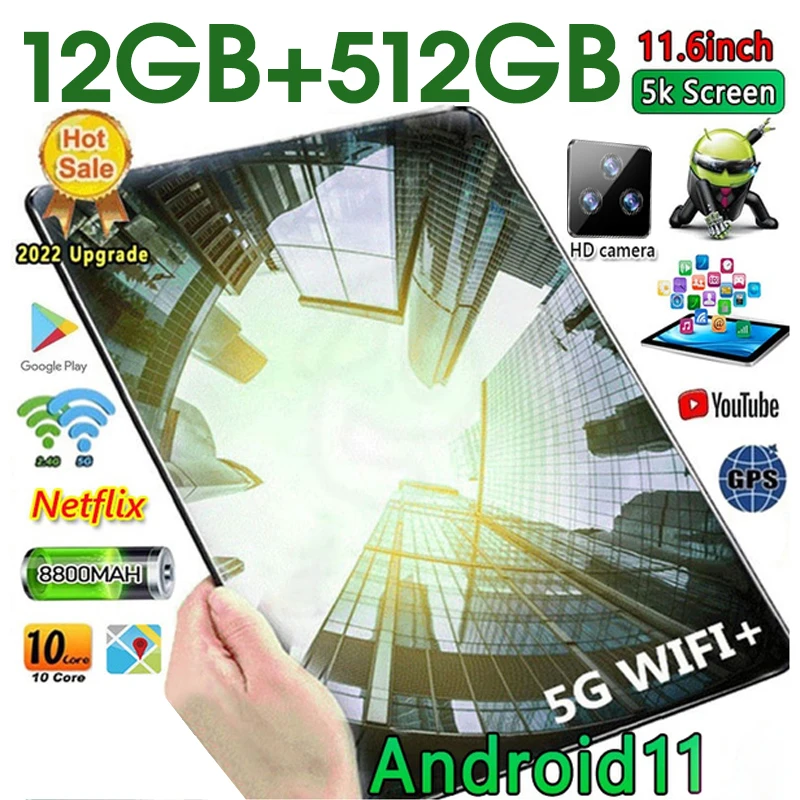 Smart Tablet 12GB+ 512GB RAM Android 11 2022 Brand New Original 4K Gaming Learning Tablet Support Dual SIM GPS WiFi
