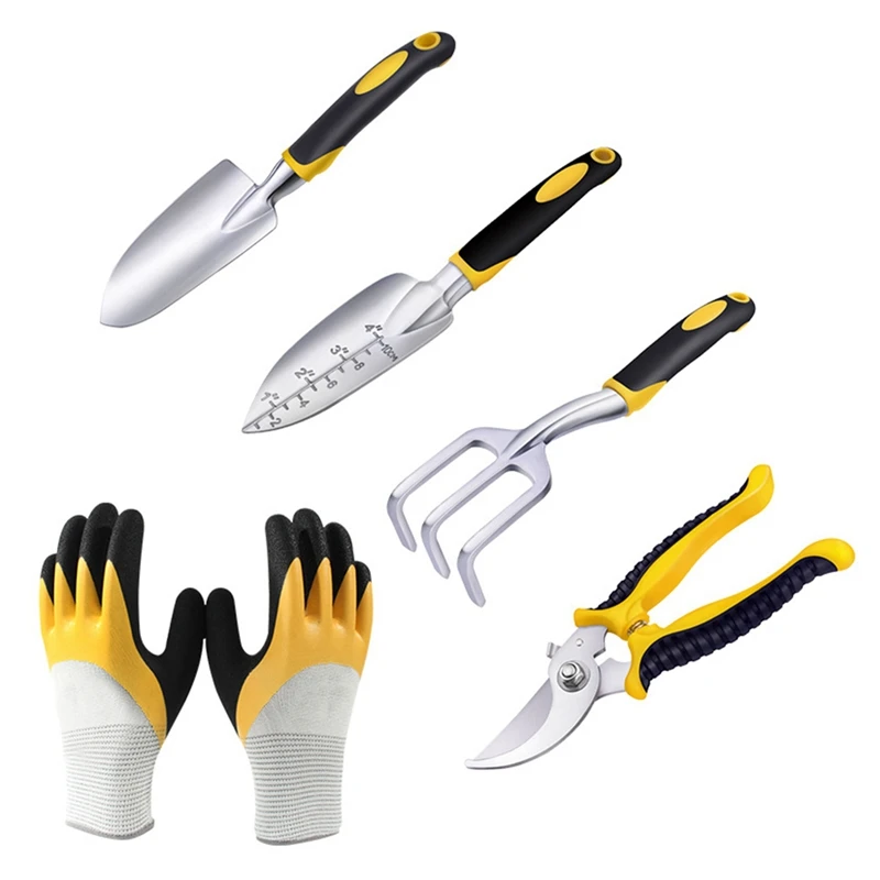 

5 Piece Garden Tools Set, Indoor And Outdoor Hand Planting Kit With Garden Gloves Pruning Shear Rake Shovel & Trowel