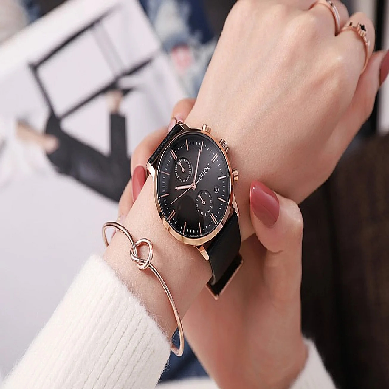 

2018 GUOU Brand New Arrival Women Calendar Watches Luxury Quartz Watch Big Dial Genuine Leather Wristwatches