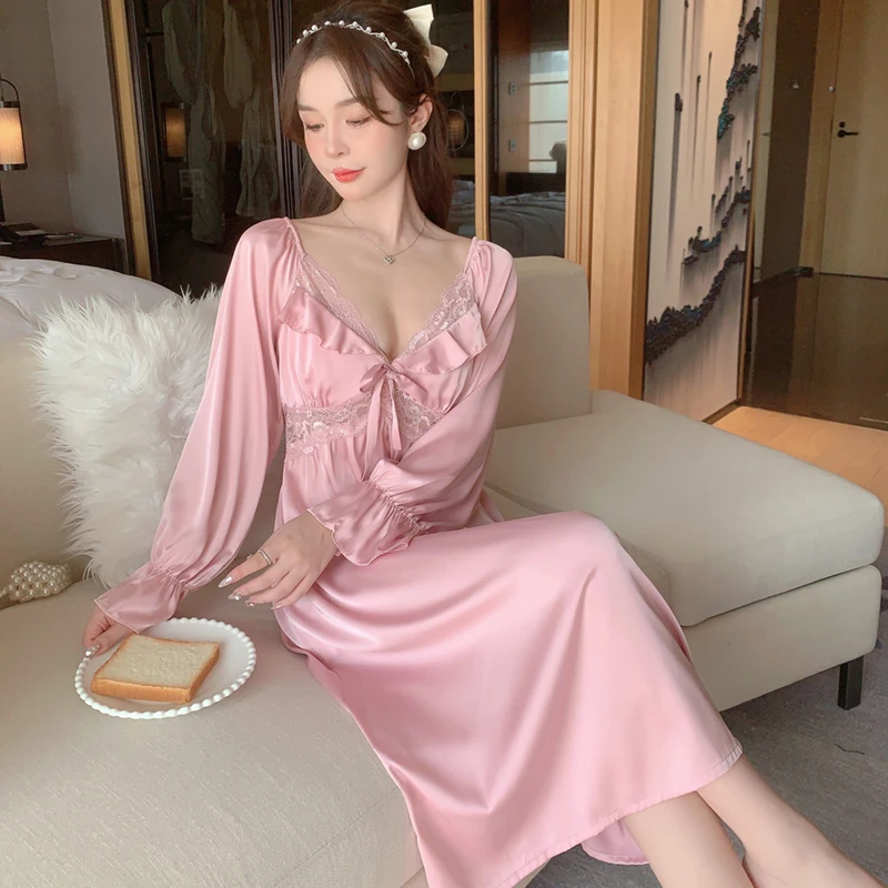 

Ночная рубашка Женская атласная с длинным рукавом и V-образным вырезом