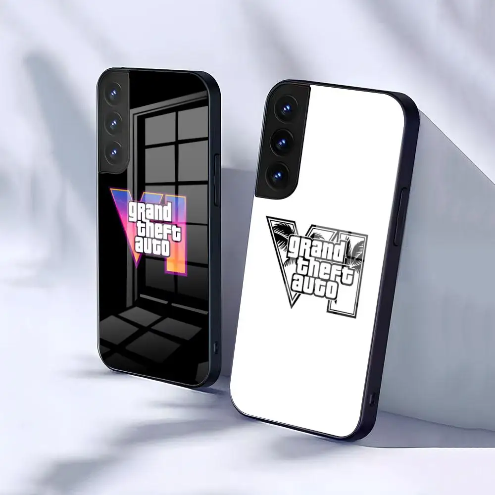 Фото Чехол для телефона GTA 6 G-Grand Theft A-Auto для Samsung S26 S25 S24 FE S23 S22 S21 Plus S20 Ultra Note20Ultra, черный, стеклянный