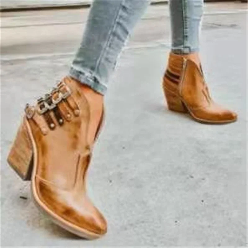 

Botas Mujer 2023 Female Autumn Winter PU Leather Cowboy Ankle Boots Buckle Women Wedge High Heel Booties Punk Women Boots