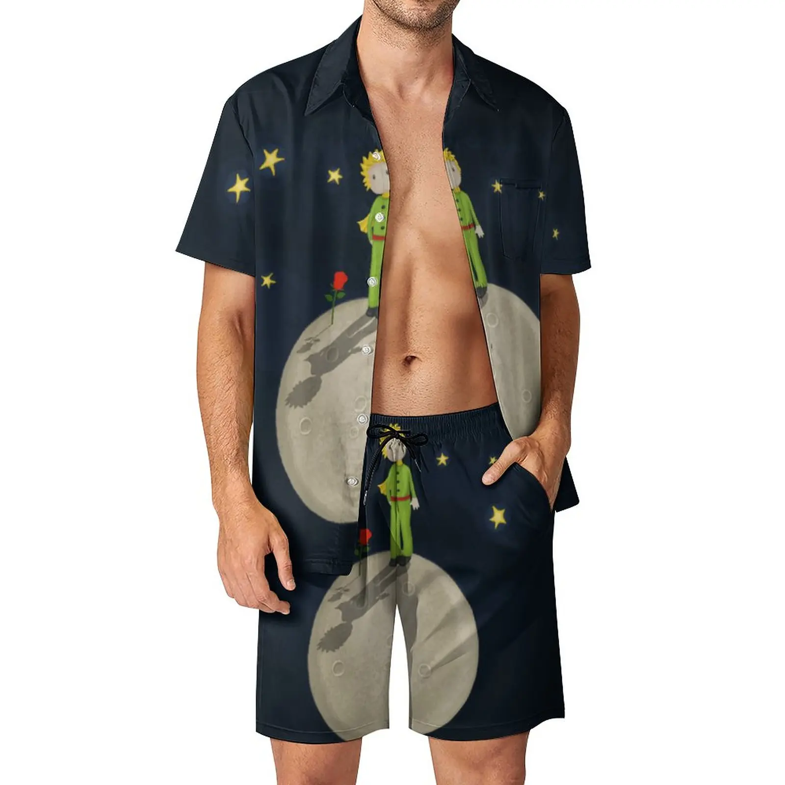 

Little Prince Men Sets Stars Moon Print Fashion Casual Shirt Set Short Sleeve Printed Shorts Summer Beach Suit Big Size