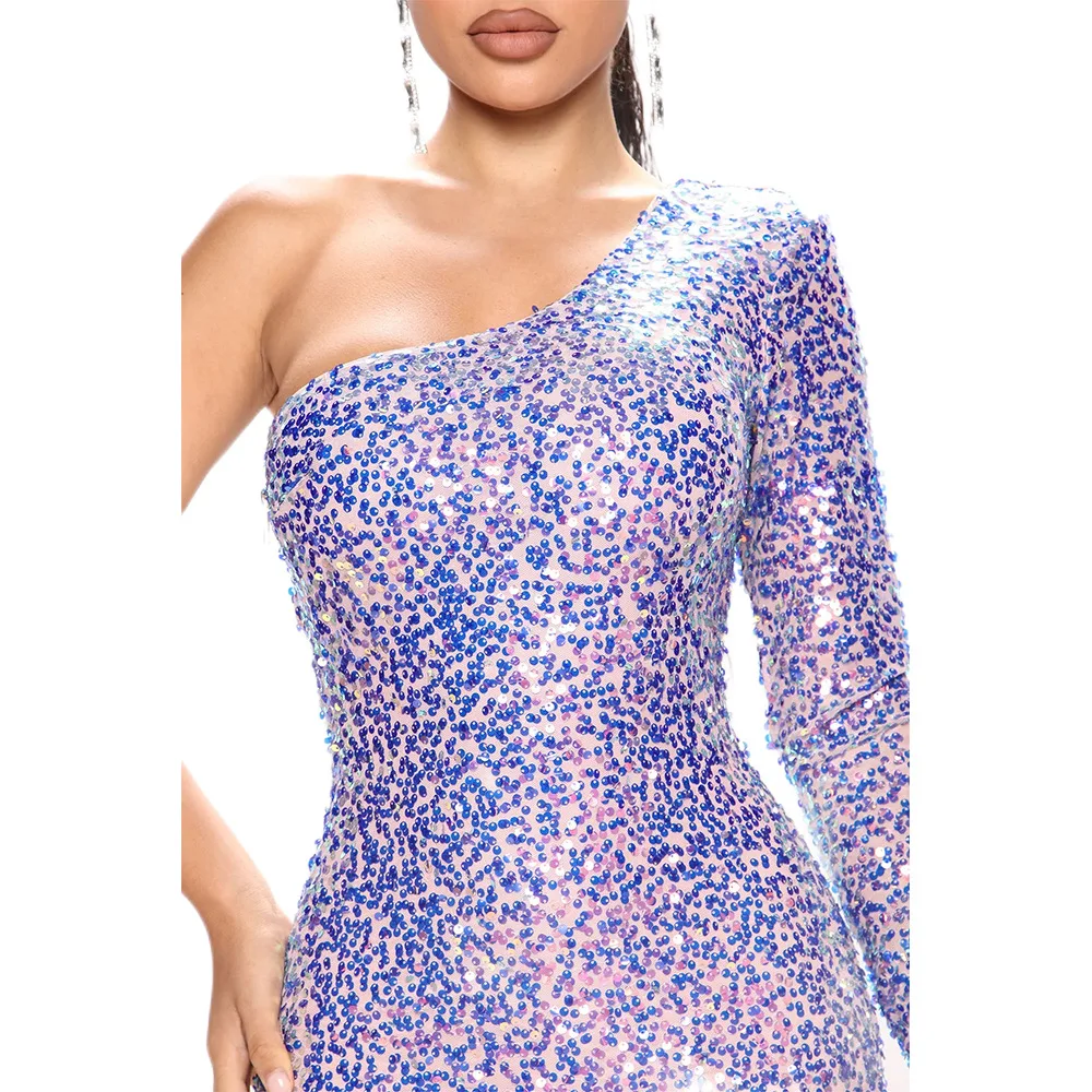 Women Sexy Sequins Feather Mini Dress One Shoulder Fashion Evening Dress Sexy Bodycon Party Club Dresses