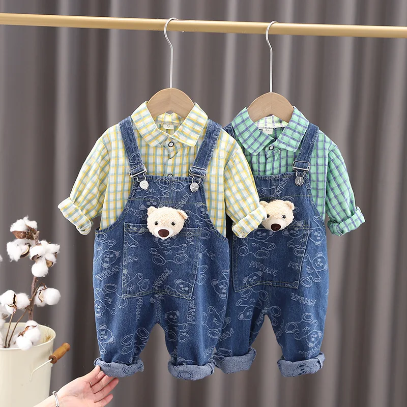 

Spring Autumn Children Clothes Baby Boys Girl Gentleman Plaid Shirt Bib Pants 2Pcs/sets Spring Kids Fashion Cartoon Tracksuits