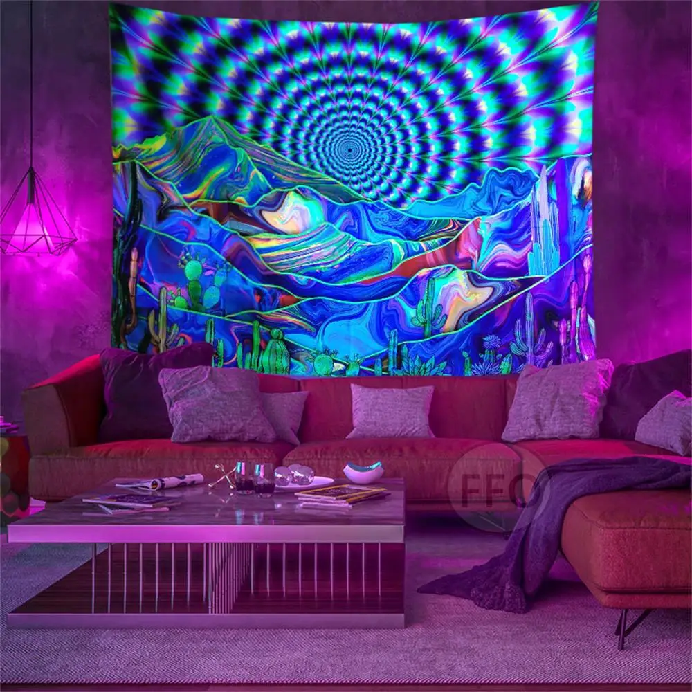 

Blacklight Psychedelic Sun Tapestry Glow In The Dark Wall Decor UV Reactive Mountain Cactus Fluorescent Tapestry Home Decoration