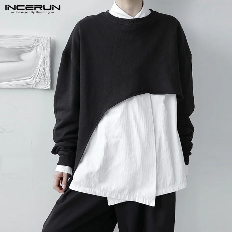 

Модная мужская футболка INCERUN с круглым вырезом и длинным рукавом, однотонная Корейская футболка неправильной формы, уличная одежда 2022, повс...