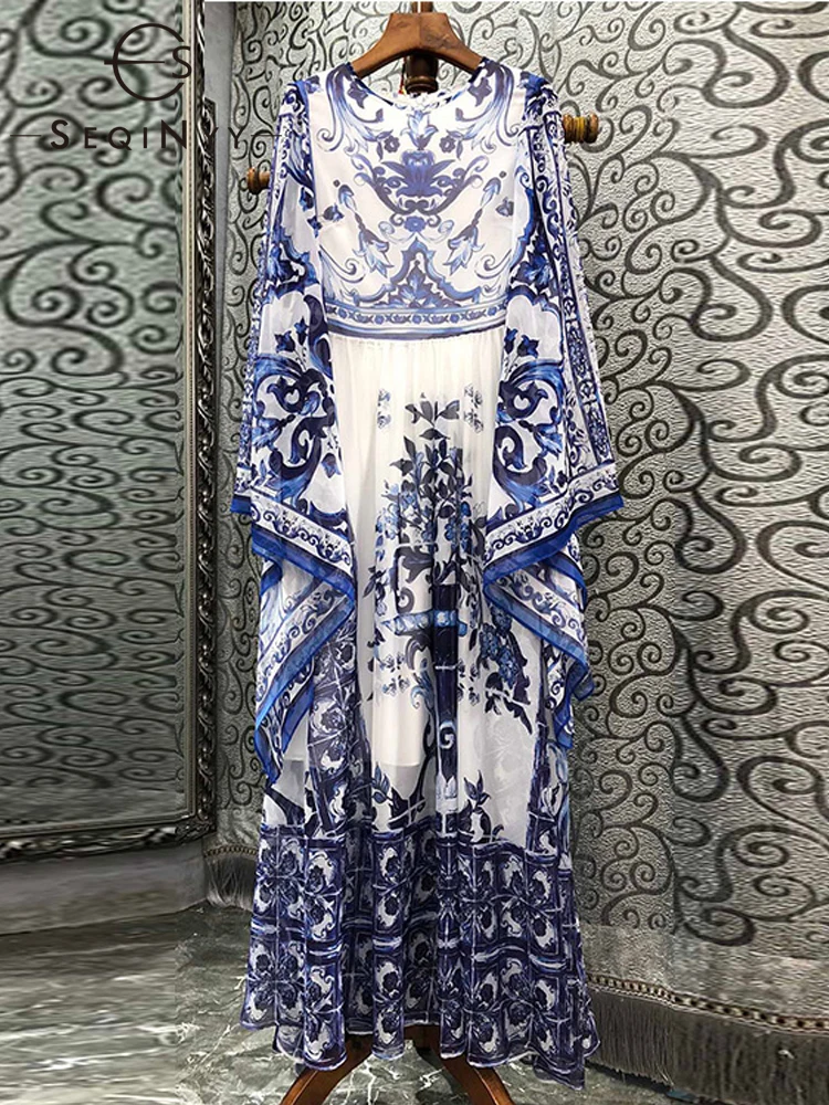 

Женское шифоновое платье SEQINYY, длинное модельное платье с расклешенным рукавом и винтажным цветочным принтом, лето-весна