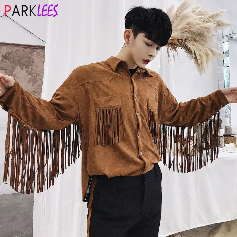

Mens Luxury Tassel Suede Shirts Brand Slim Fit Long Sleeve Shirt for Men Casual Club Party Prom Stage Clothing Chemise Homme XL