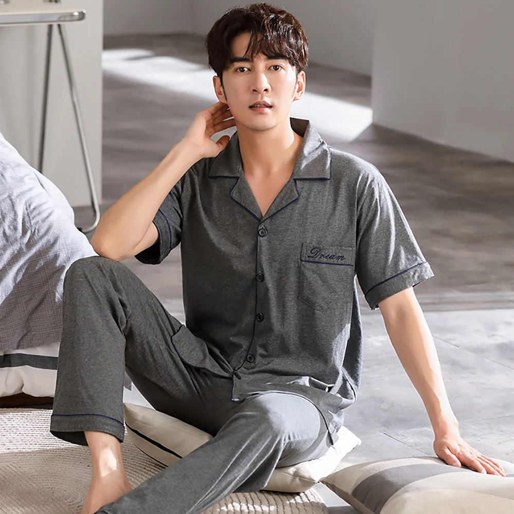 100% Cotton Sleepwear Solid Pijamas Summer Short Sleeve Buttons Sleep Top Elastic Waist Long Pants Casual Breathable Pajama Sets