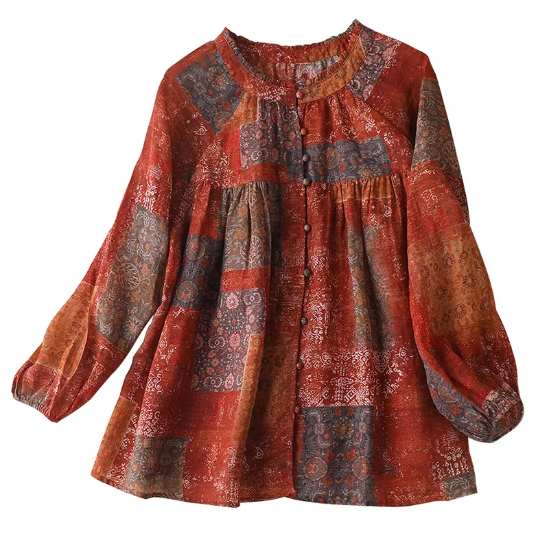 

2022 Women Shirts Blouses O-Neck Indie Folk Patchwork Ramie Thin Korean Fashion Retro Full Sleeve Vintage Top