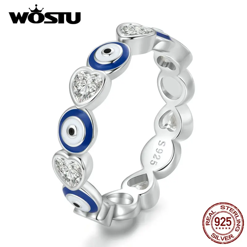 

WOSTU 925 Sterling Silver Blue Evil Eye Band Rings For Women Love Heart CZ Lucky Guard Statement Ring Party Jewelry Gift CTR388