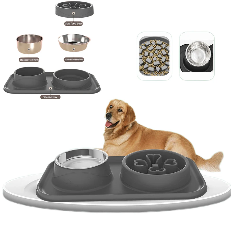 Pet Slow Feeder Dog Bowl 4 In1 Stainless Steel Food and Water Bowls with No Spill Non-Skid Silicone Mat Dog Bowls Pet Supplies