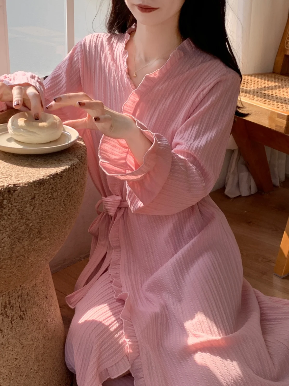 Nightgown Women Autumn and Winter Pure Cotton Sweet Lace-up Bathrobe Long Spring Summer Thin Morning Gowns Homew...