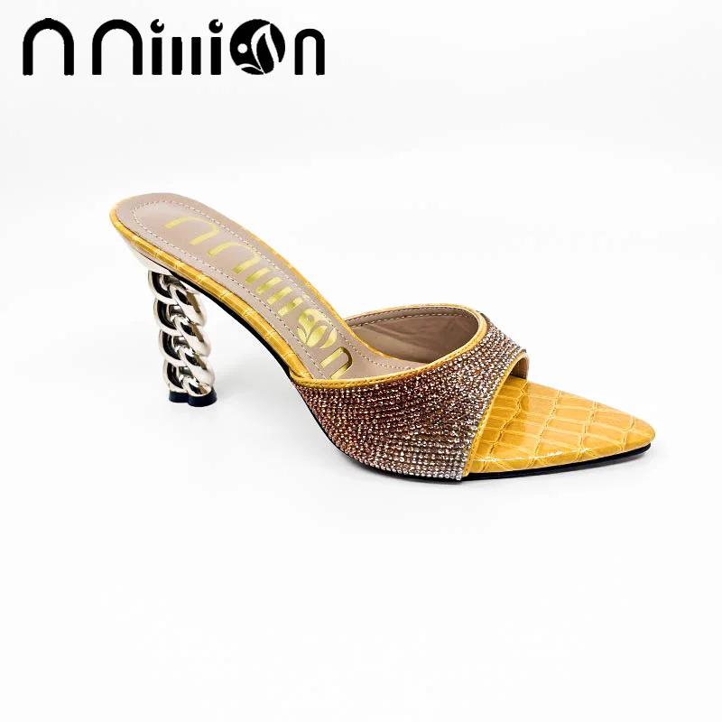 2023 Summer New Women's Slippers Sexy Luxury Pointed Rhinestone Colored High Heel Slippers Wedding Bridal Party Large Size Shoes