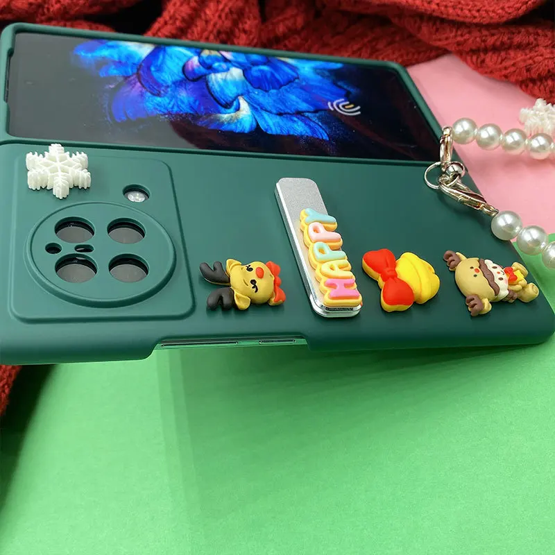 Case For Vivo X Fold Christmas Elk Girl Snow Stand Pearl Bracelet Forest Green Hard Mobile Phone Case Cover