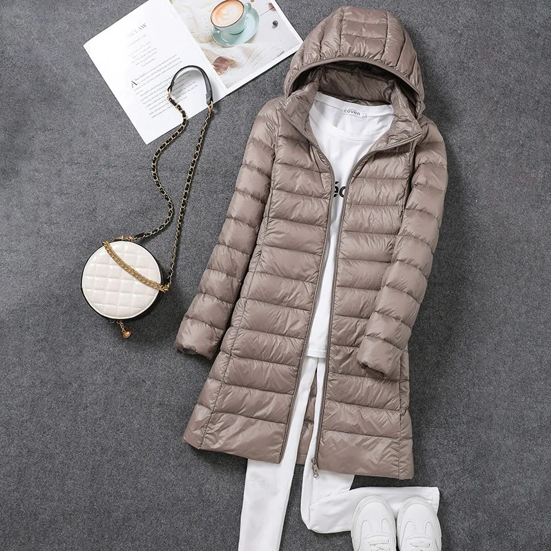 Women Down Jacket 2023 New Ultralight Thin Packable Down Long Jacket  Female Hat Detachable Slim Fit Skirt Coat Portable Outwear