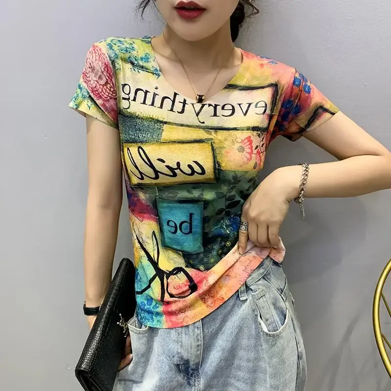 Модный базовый слой с короткими рукавами и принтом для женщин топ в европейском