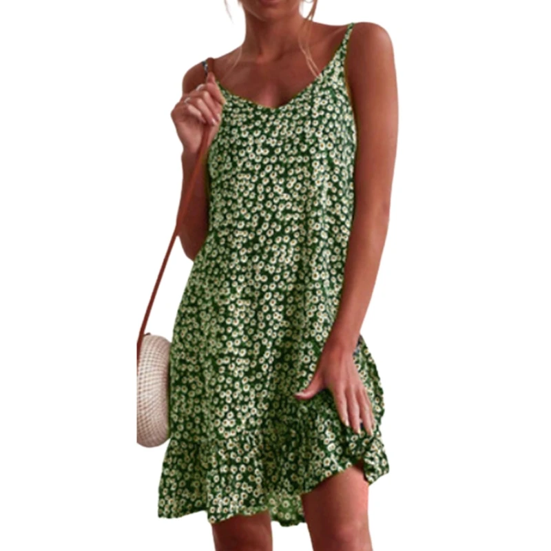 

Женское летнее Мини-Платье на бретелях-спагетти с V-образным вырезом, свободный винтажный сарафан в стиле бохо с цветочным принтом, расклеше...