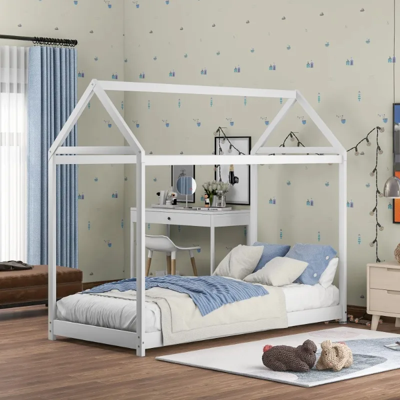 

Euroco Twin Wood House Bed Frame with Roof for Kids, White