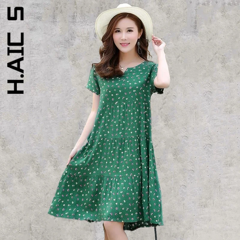 

H.Aic S Dress Short Sleeve Fashion Women Cheap Basic Dress Midi Dress Cotton Patchwork V-Neck Female Vestidos Woman Clothes