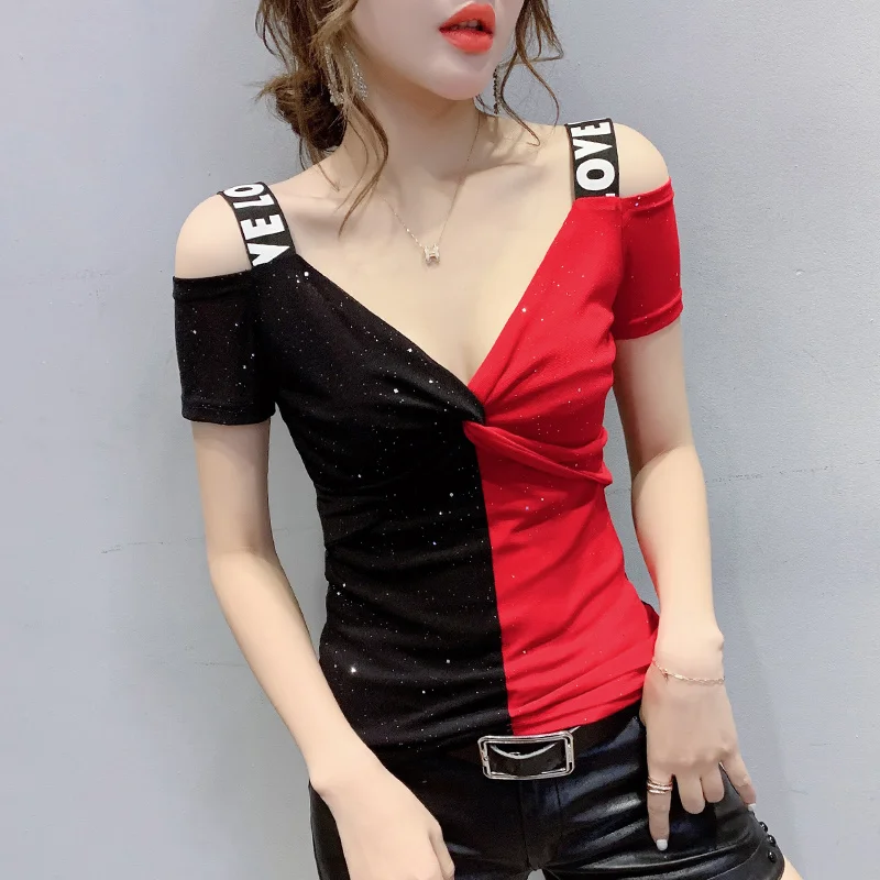 

#7162 Spliced Color Off Shoulder T Shirt For Women Tight Wrap T Shirt Femme Mesh Tops Streetwear Tshirt Short Sleeve Thin V-Neck