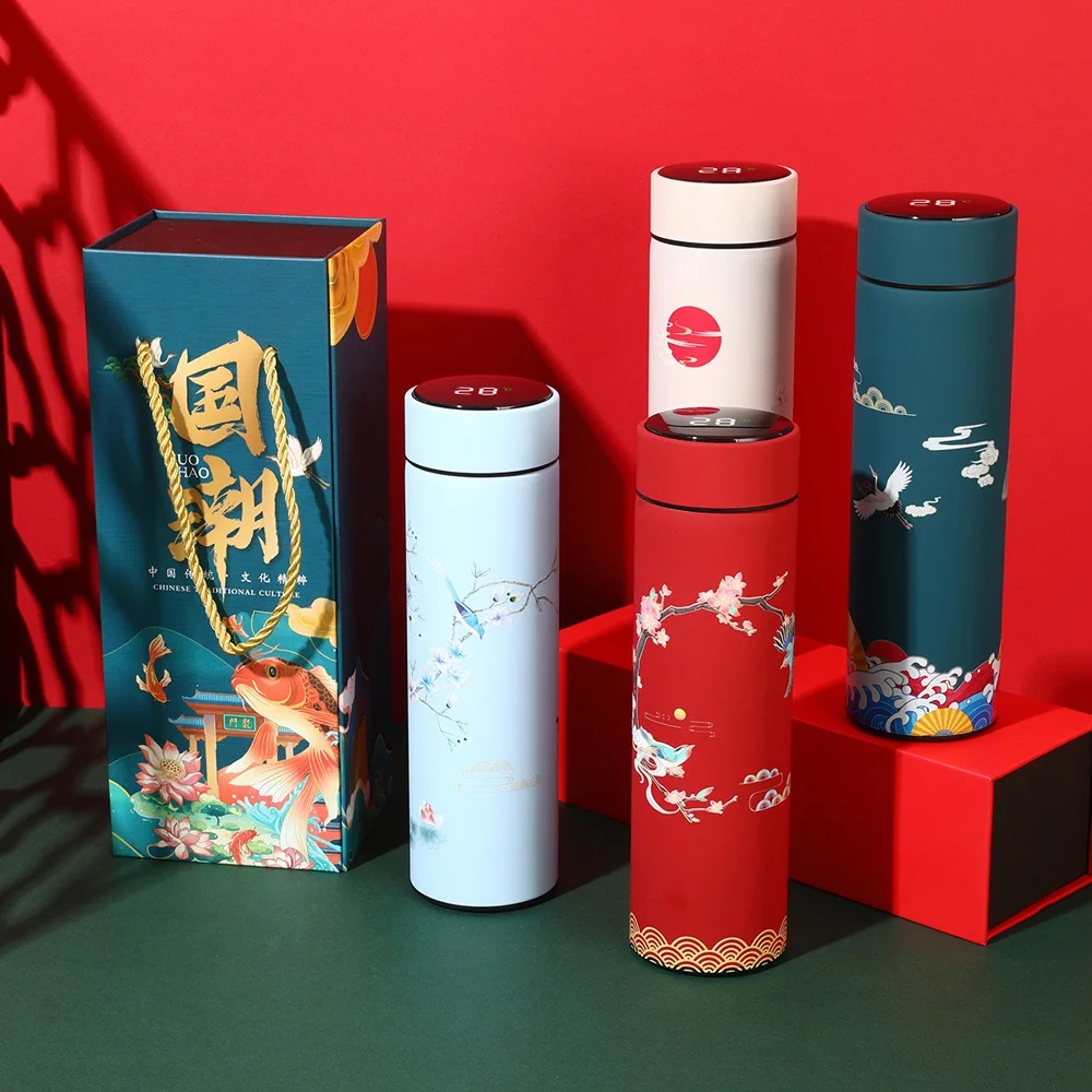 480ml Smart Thermos Bottle Vintage Chinese Style Temperature Display Intelligent Thermos Portable 304 Stainless Steel Bottle