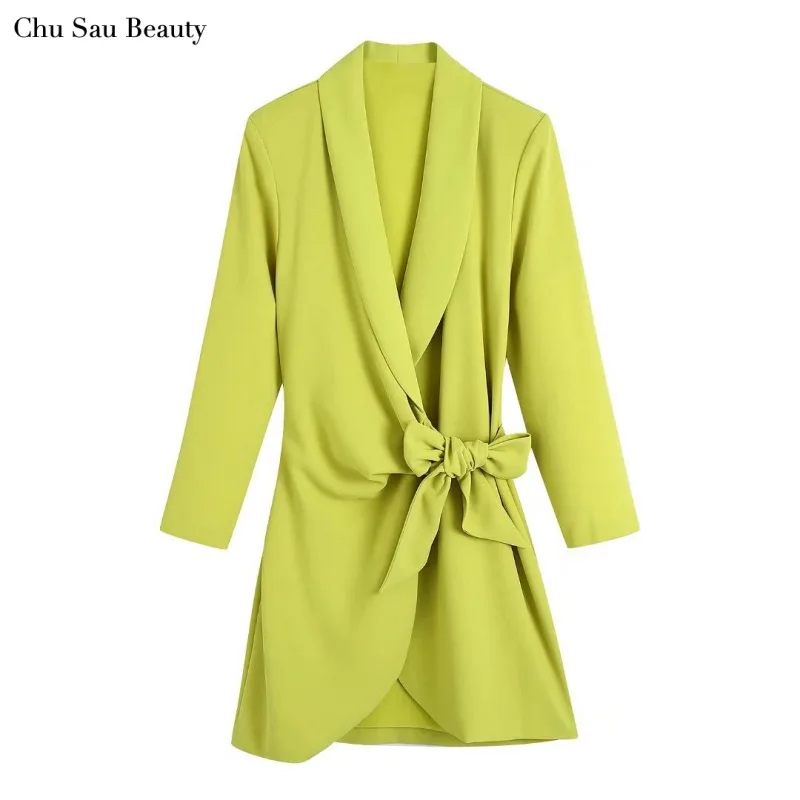 

2022 New ZA Women Elegant Short Wrap Dress Fashion Deep V-Neck Long Sleeve Bow Trim Mini Dress Street Office Versatile Style