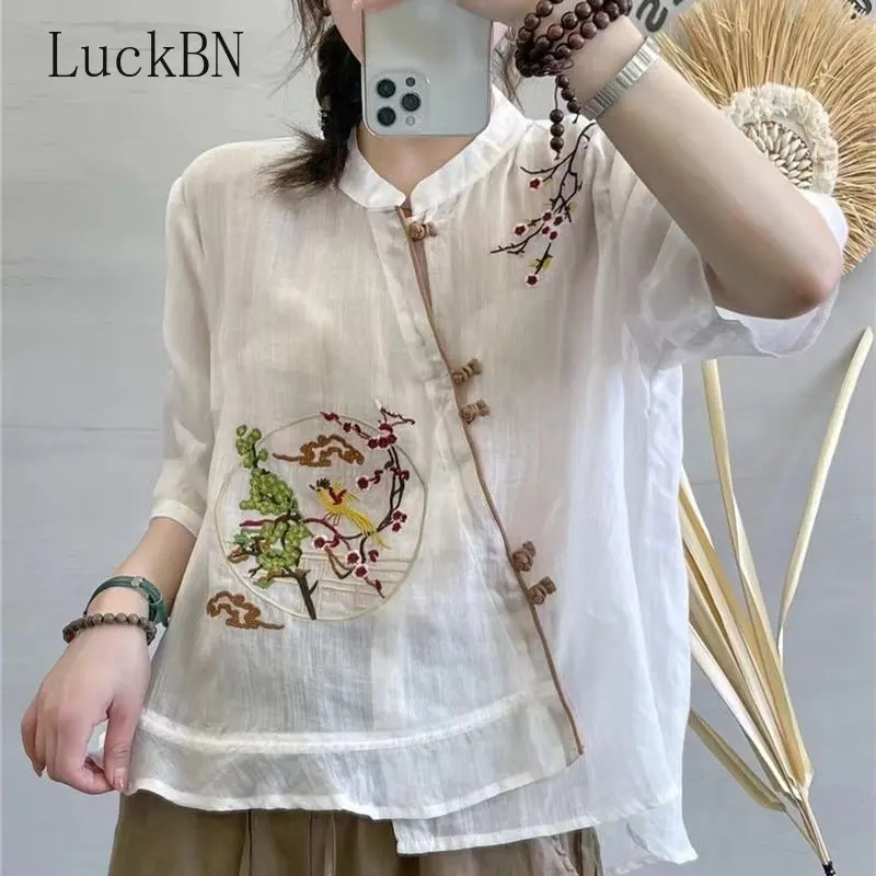 

Japan Korea Shirts & Blouses Women's Cotton Hemp Top 2023 Summer New Embroidery Print Chinese Style Disc Button Sunscreen Shirt