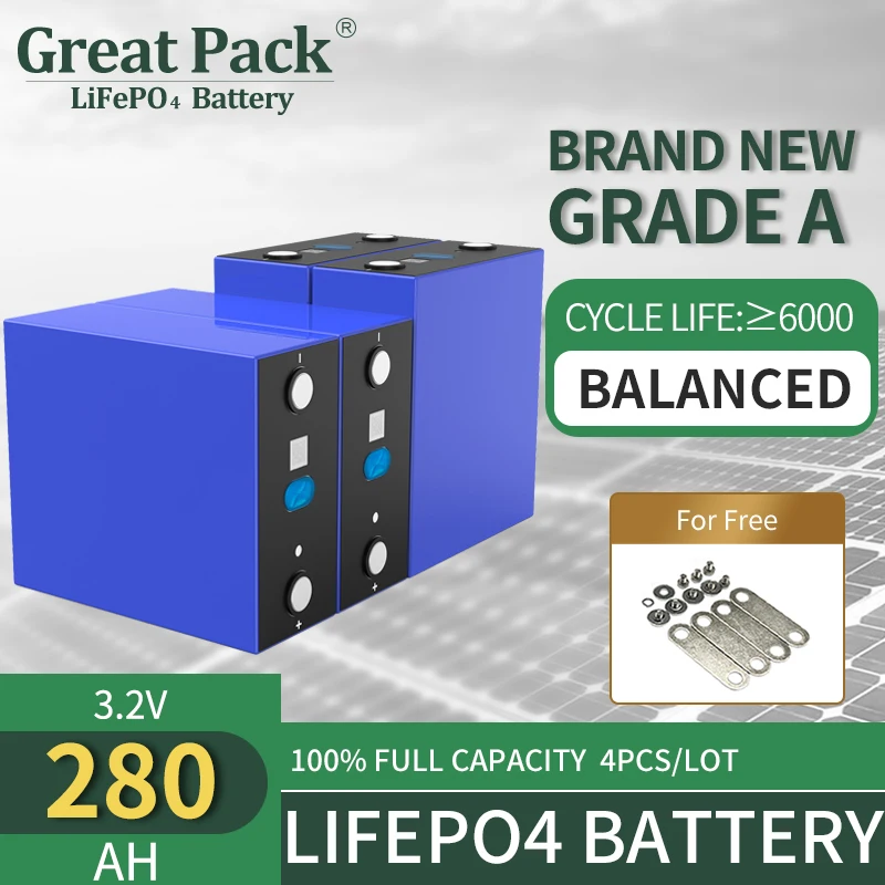 

Home Energy Storage 4PCS 3.2V 280Ah Rechargeable Battery Cell LiFePO4 Deep Cycle Brand New Grade A Lithium Iron Phosphate