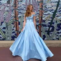 elegant blue satin off the shoulder applique prom dress banquet party dress large size customization