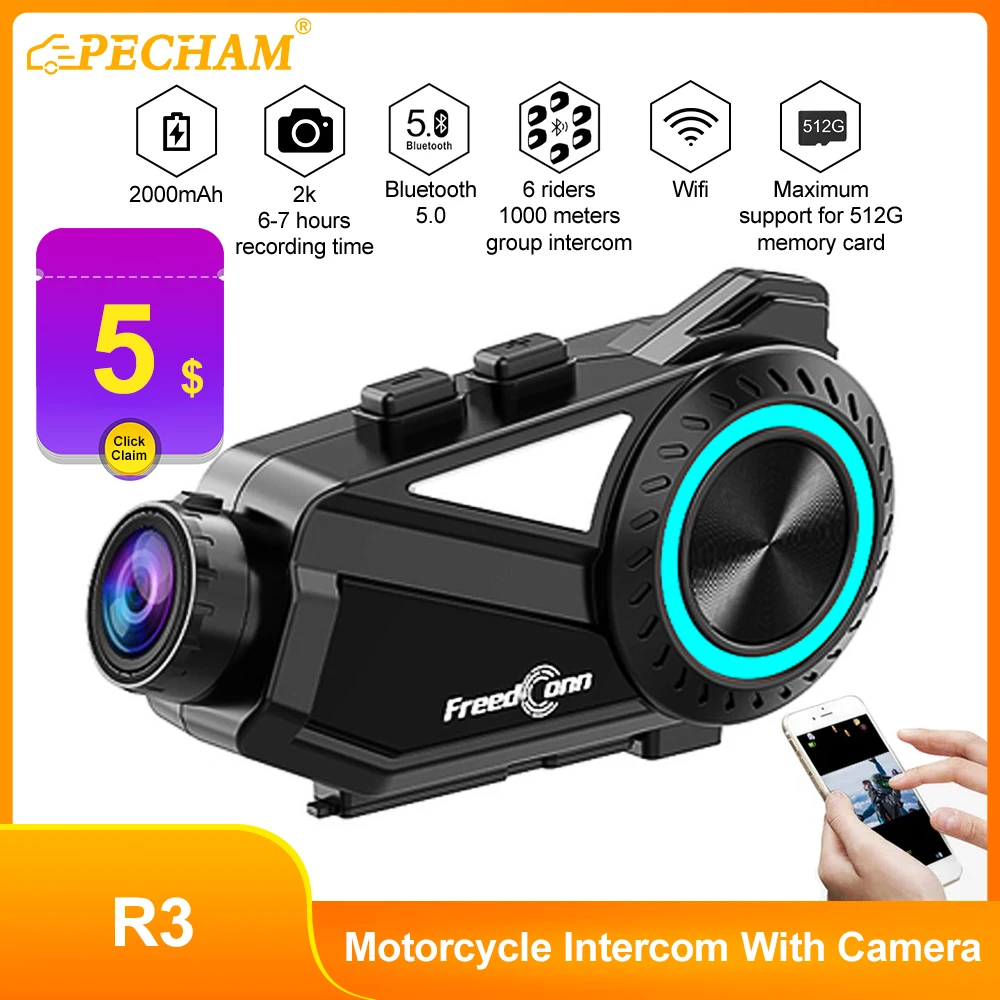 

R3 Motorcycle Helmet Intercom Camera Speaker 6 Riders 1000M 2K Motorcycle 5.0 Bluetooth Wireless Headset Wifi APP Dash Cam DVR