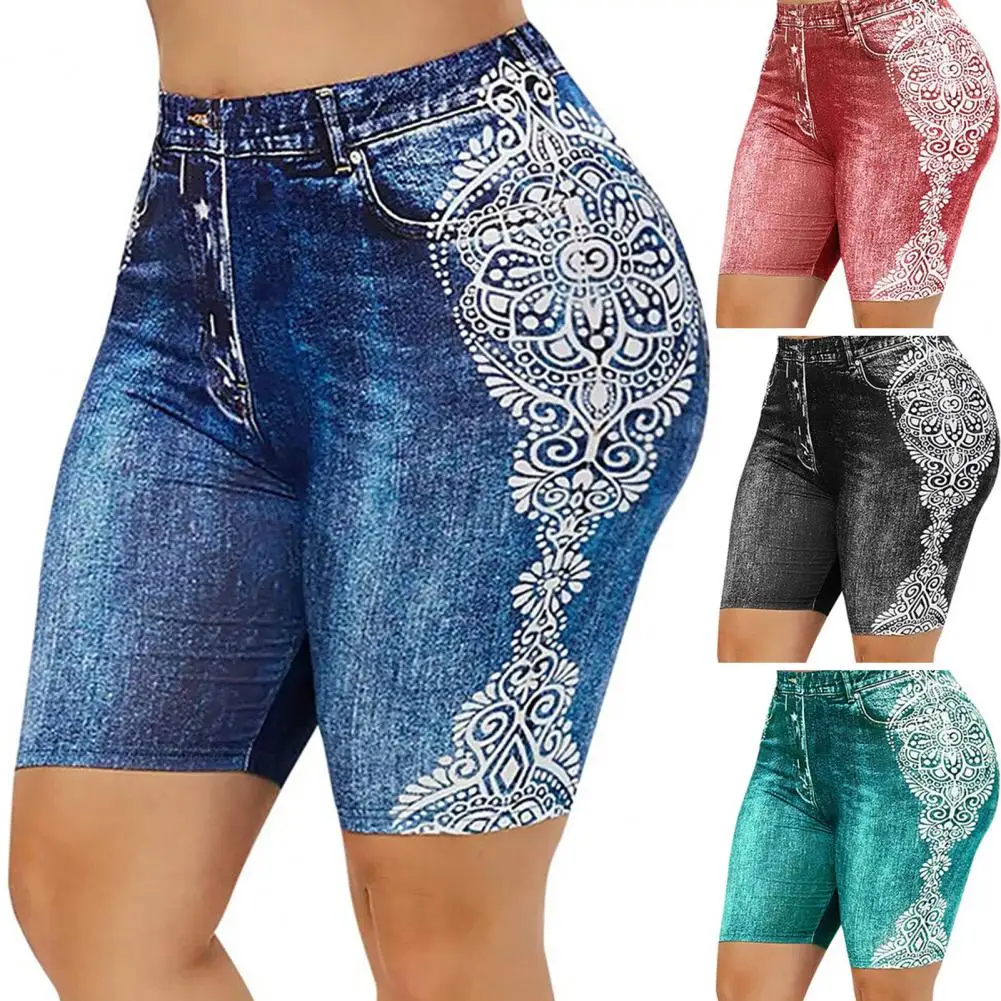 

Printed False Denim Yoga Pant 3\4 Women Jeans Leggings High Waist Breeches Capri Pants Super Elastic Jeggings Plus Size 5XL