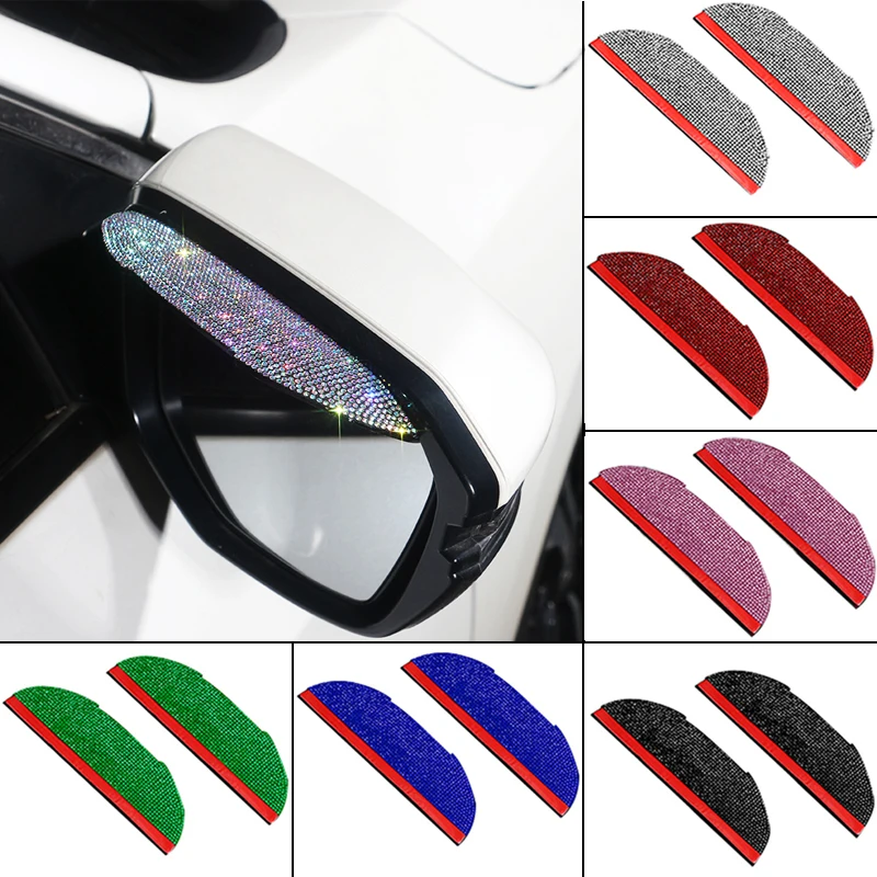 2pcs Bling Rhinestone Side Rear View Mirror Snow Visor Anti-Rain Eyebrow Shade Guard Molding Trim Frame Cover Car Accessories