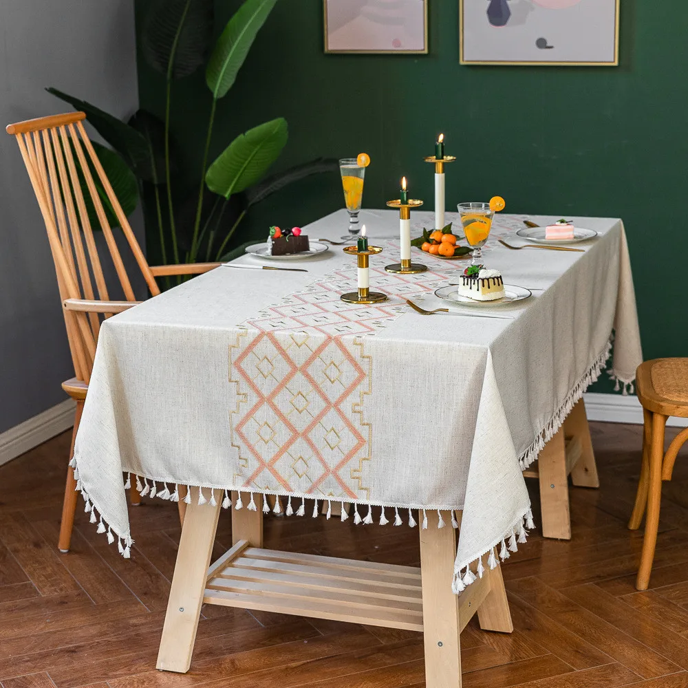 

Nordic Tassel Tablecloth Cotton Linen Embroidered Tablecloth Table Flag Home Living Room Decoration Wedding Banquet Hotel Layout