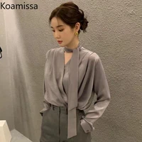 koamissa elegant women solid loose blouse fashion office lady chic spring autumn shirt long sleeves v neck korean blusas 2022