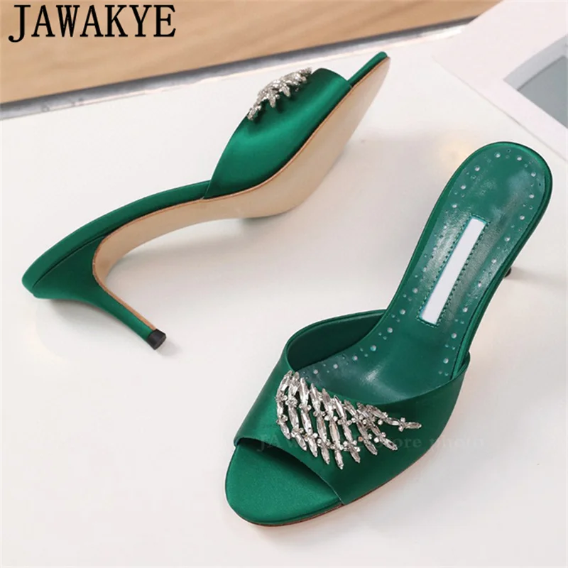 Шлепанцы женские атласные на тонком высоком каблуке роскошные дизайнерские мюли