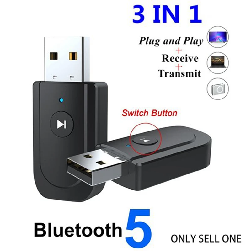 

USB Bluetooth 5.0 Adapter 3 In 1 Wireless Music Audio Receiver Transmitter 3.5Mm AUX For TV PC Headphones Car