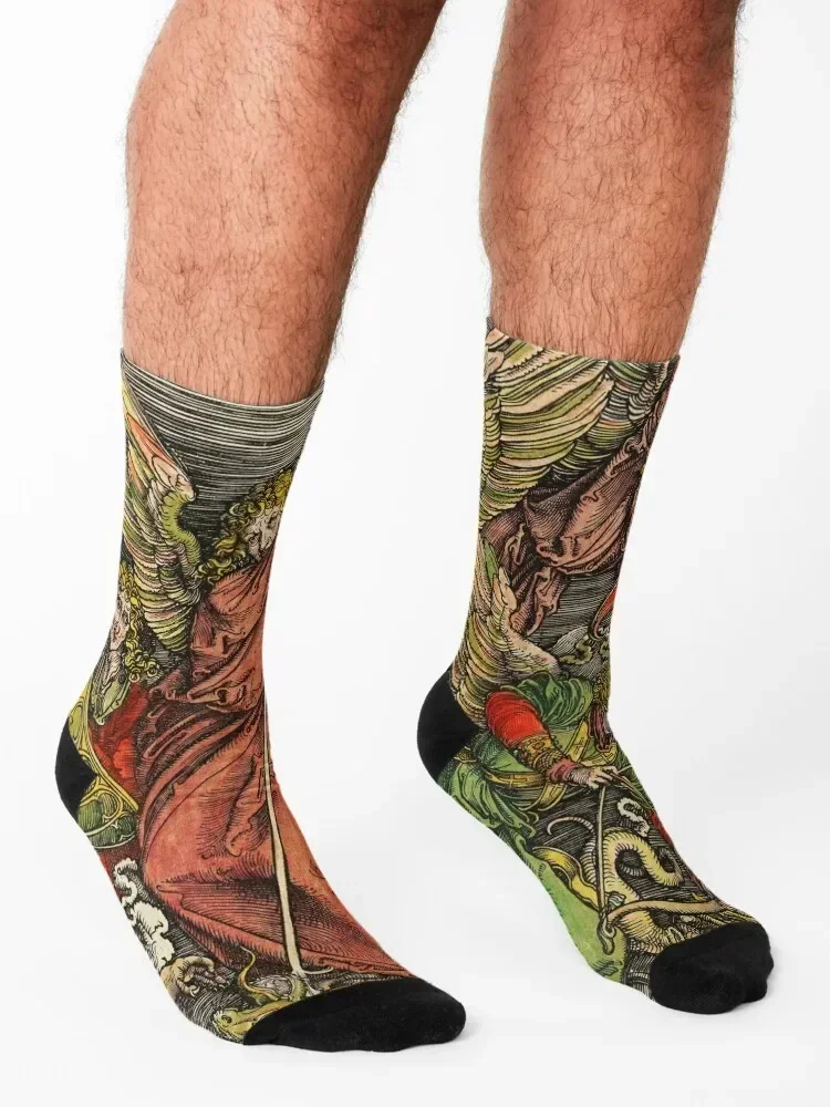 Saint-Michael Fighting the Dragon from The Apocalyps Ink Средневековые винтажные бумажные носки Albrecht Dürer