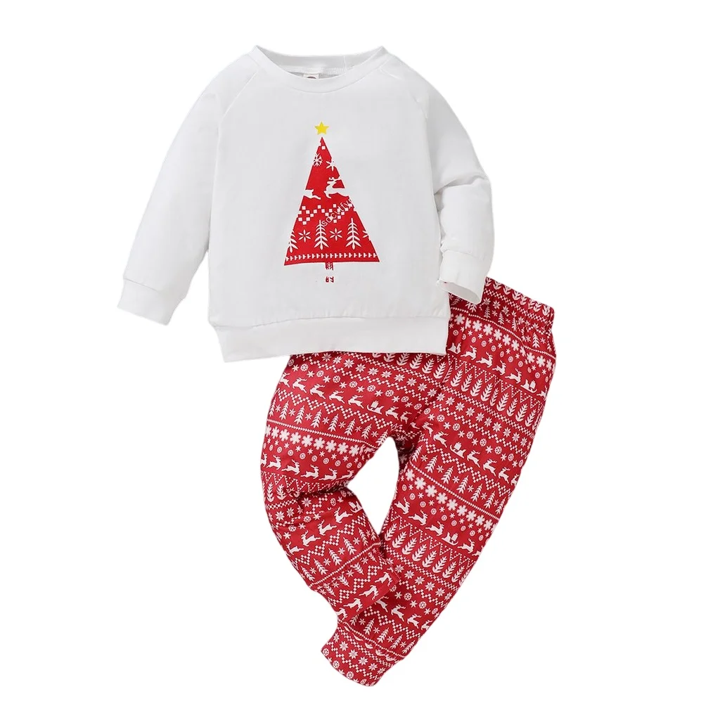 Toddler Infant Baby Clothes Suit White Marry Christmas Print Long Sleeve Sweater + Trousers 2PCS Baby Unisex Festival Outfit Set