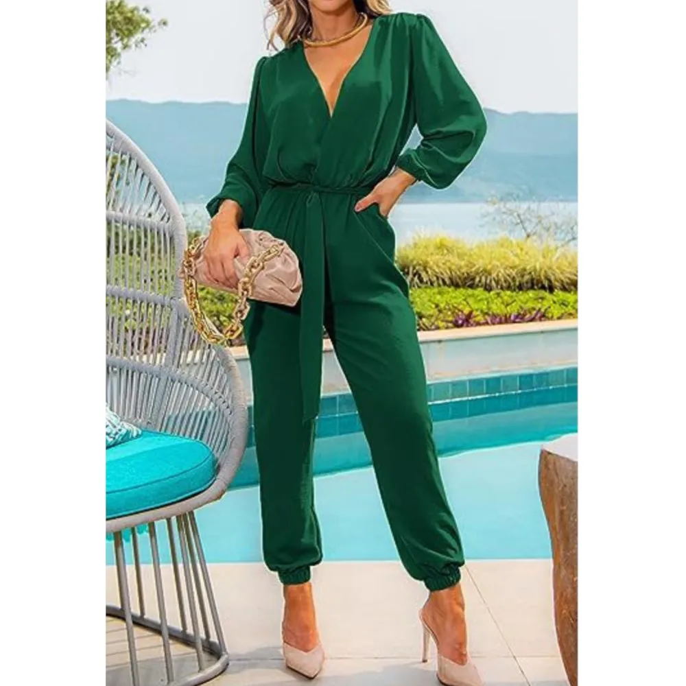 

Elegant Jumpsuits For Women 2023 Autumn New Casual Loose V-neck Long Sleeve Jumpsuit Temperament Belt Waist Wrap Solid Romper