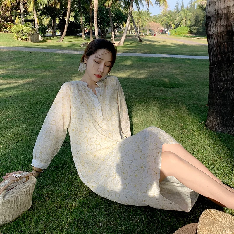 

Женское длинное платье-рубашка с V-образным вырезом, свободного покроя